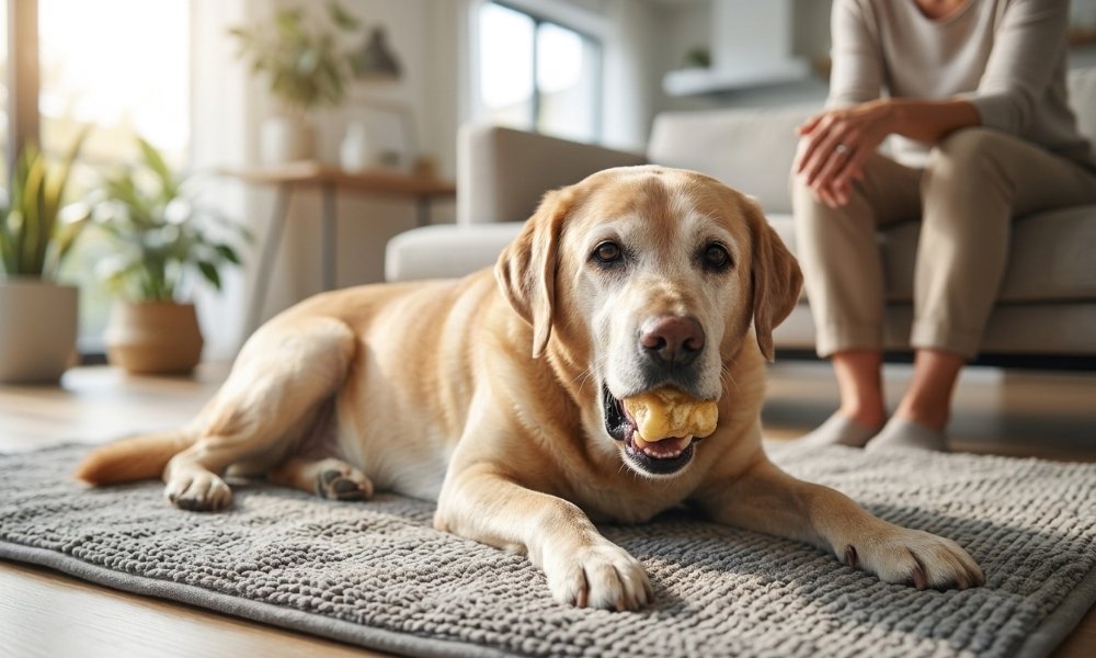 Owner supervising a senior dog safely chewing a puffed yak chew during a short session.