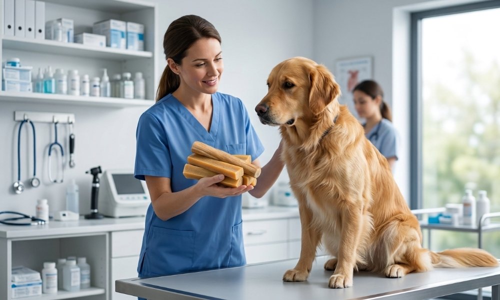 Veterinarian comparing yak chew and coffee wood chew safety for a healthy dog.