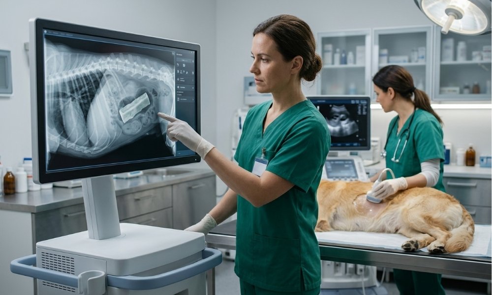 Veterinarians using ultrasound and X-rays to diagnose a yak chew blockage in a dog.