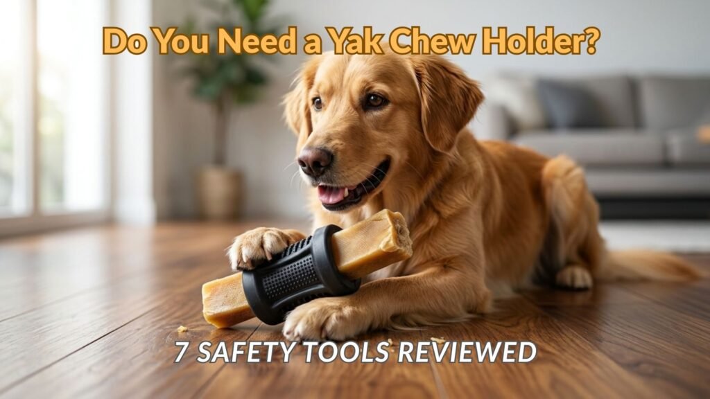 Dog safely chewing a Himalayan yak chew secured inside a natural rubber yak chew holder.