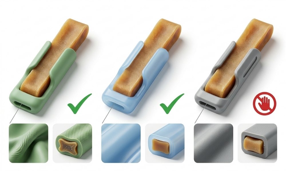 Comparison of natural rubber, silicone, and nylon materials used in yak chew holders.