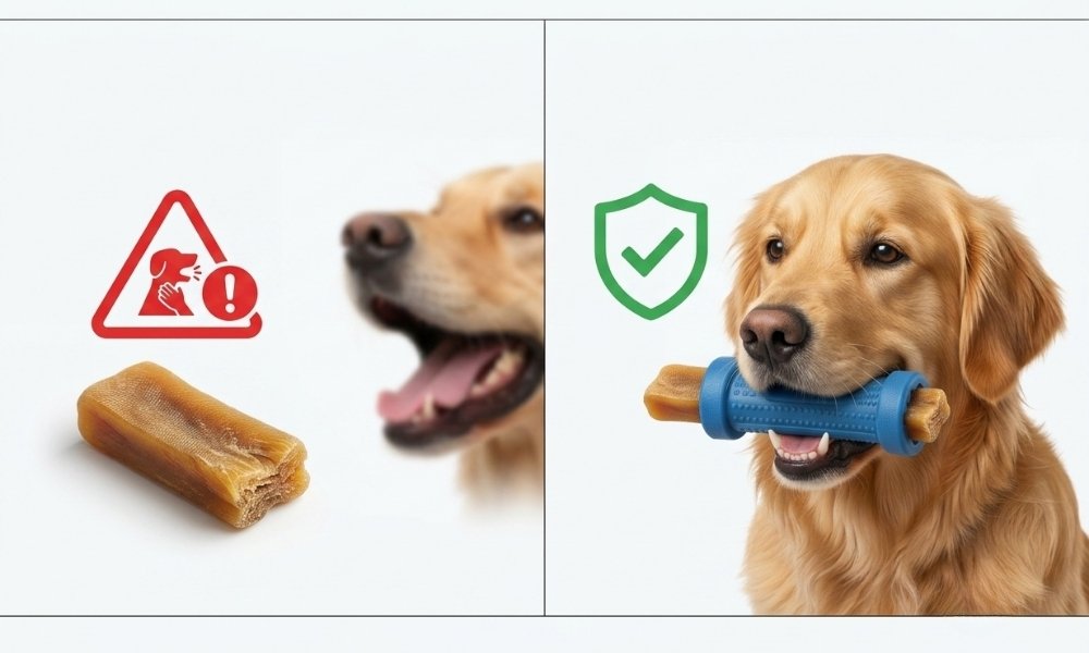 Comparison showing a loose yak chew versus a yak chew secured in a holder for safer chewing.