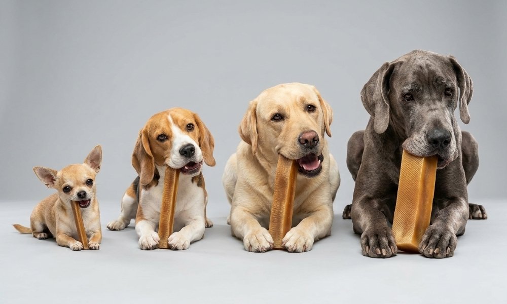 Different dog sizes chewing appropriately sized yak chews for longer-lasting use.