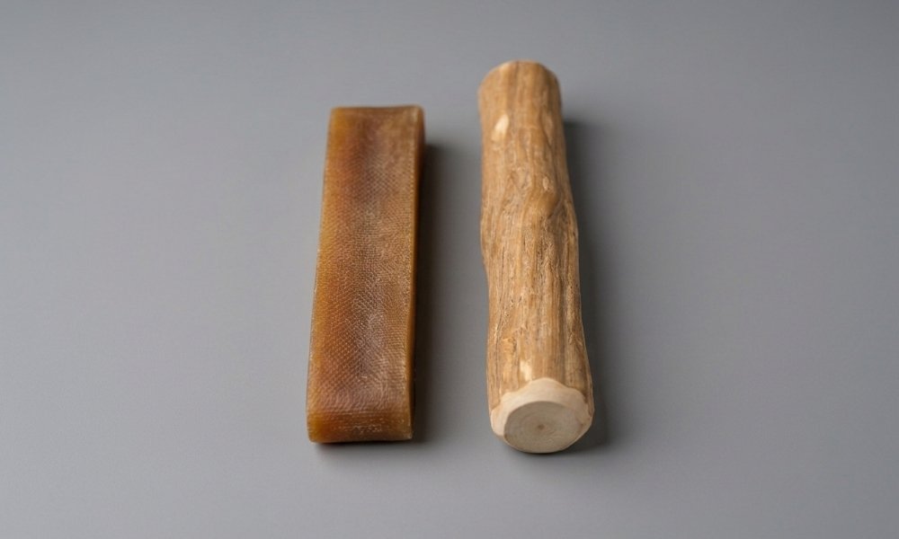 Close comparison of a yak chew and coffee wood chew showing their different textures.