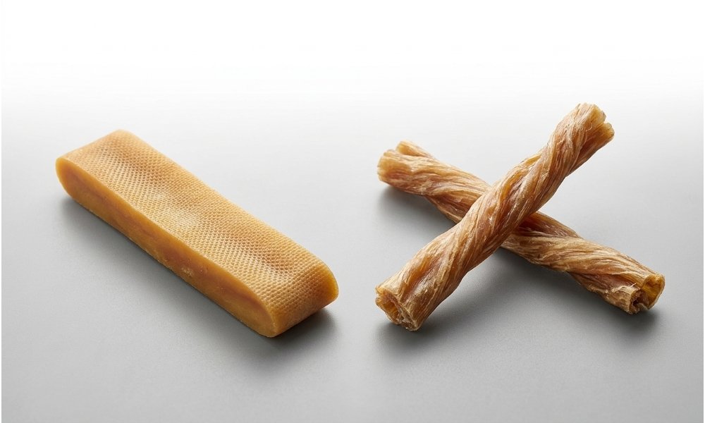 Close-up comparison of yak chew and collagen chew showing differences in texture and appearance.