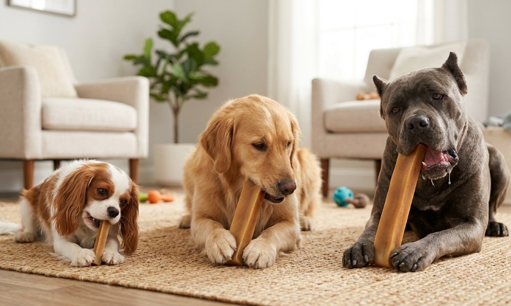 Dogs showing gentle, moderate, and aggressive chewing styles with yak chews.