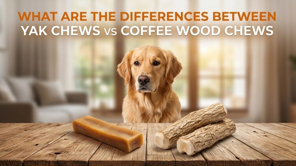 Dog comparing a Himalayan yak chew and a coffee wood chew side by side.