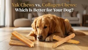 Dog comparing a yak chew and collagen chew to illustrate yak chews vs collagen chews for dogs.