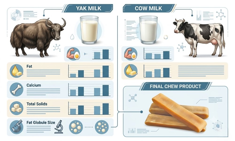 Comparison infographic showing yak milk and cow milk nutritional differences for Himalayan yak chews.