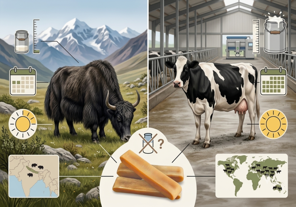 Comparison of yak milk and cow milk explaining why yak milk makes yak chews more expensive.