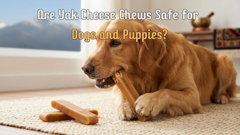 Golden retriever relaxing while chewing a Himalayan cheese chew indoors.