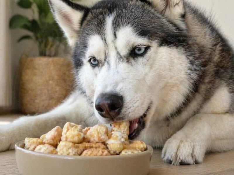 A huskey biting puffed dog yak chew nuggets