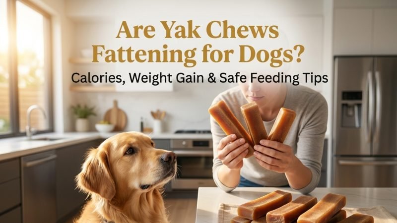 Healthy dog chewing a Himalayan yak chew while its owner measures food for balanced calorie management.