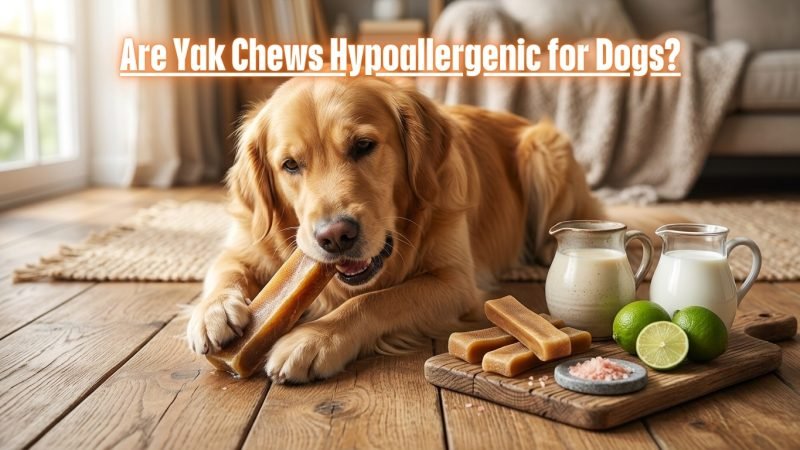 Dog chewing a traditional Himalayan yak chew made from limited natural ingredients suitable for many dogs with food sensitivities.