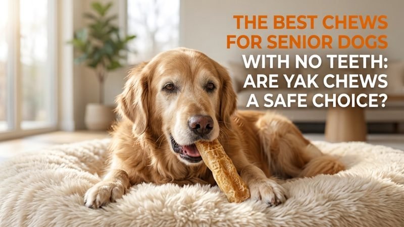 Senior dog with no teeth safely enjoying a soft puffed yak chew designed for elderly dogs.