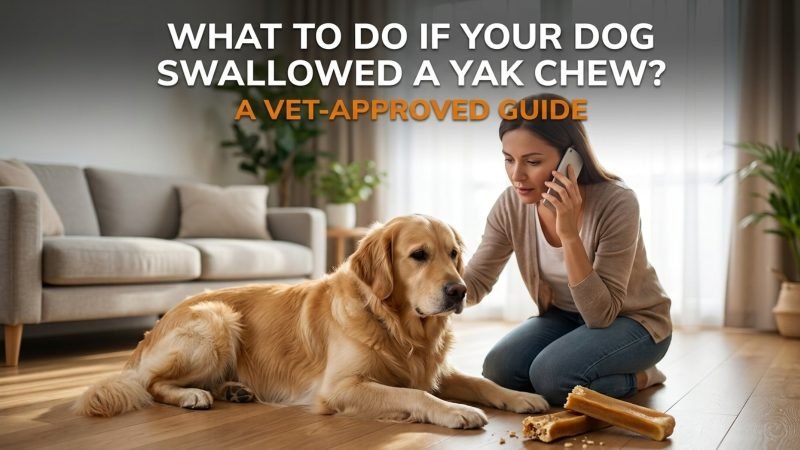Dog owner calling a veterinarian after a dog swallowed a yak chew in a home.