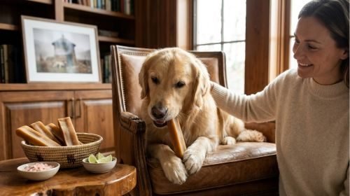 A happy Golden Retriever dog calmly chewing on a large, durable Himalayan Yak Dog Chew in a leather armchair, with a woman smiling nearby and a basket of chews.