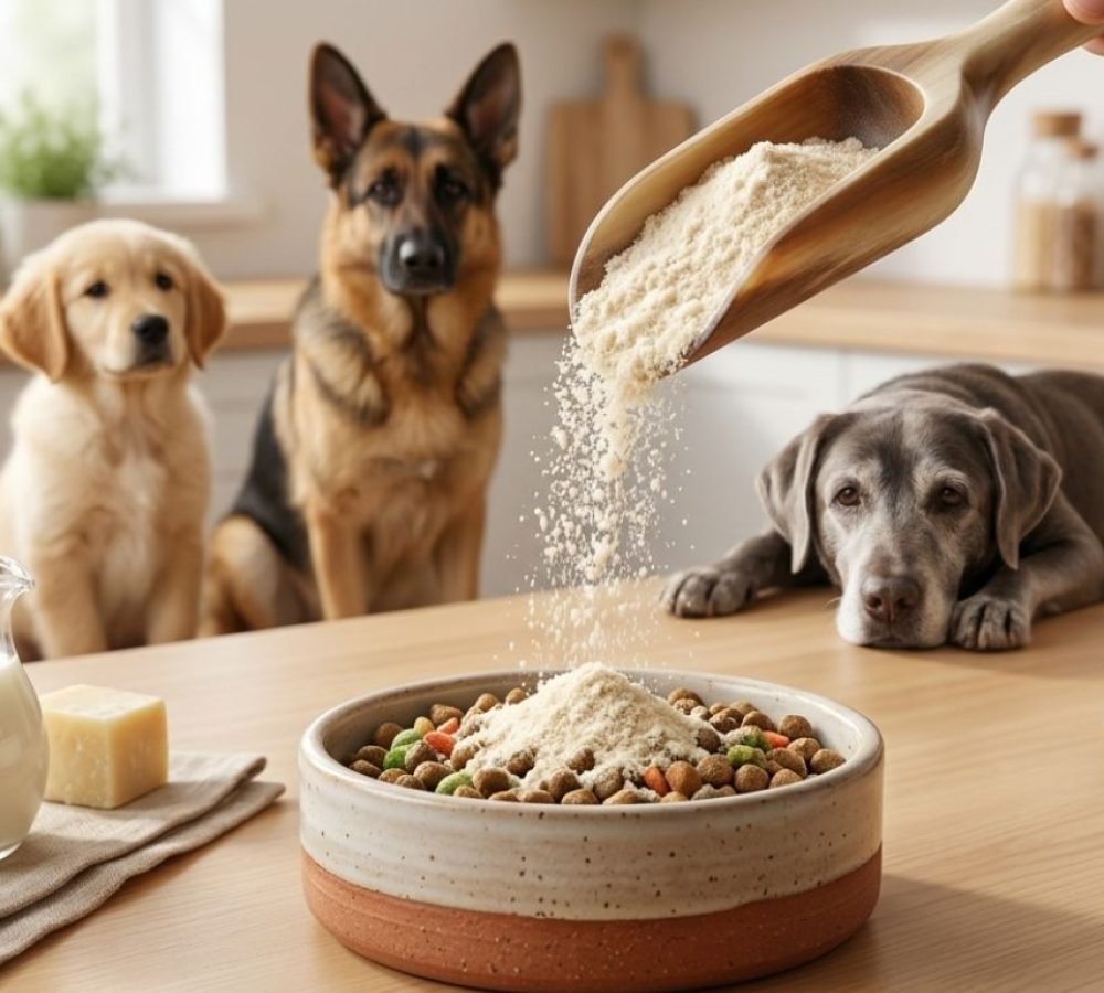 Yak cheese protein powder being poured onto dog food for a puppy, adult, and senior dog.