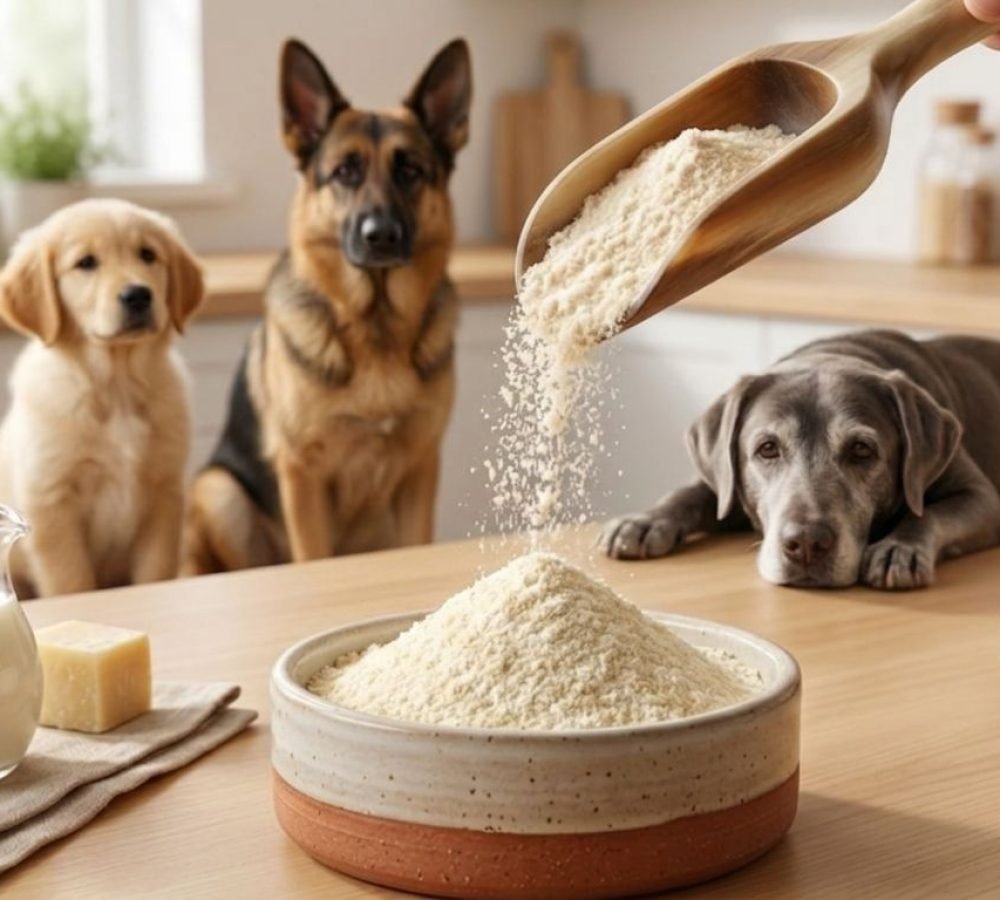 Yak cheese protein powder being poured for a puppy, adult, and senior dog.