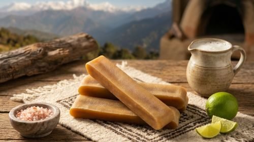 Stack of three golden Himalayan Yak Dog Chews on a woven mat, with Himalayan mountains, milk, lime, and pink salt ingredients in the background.