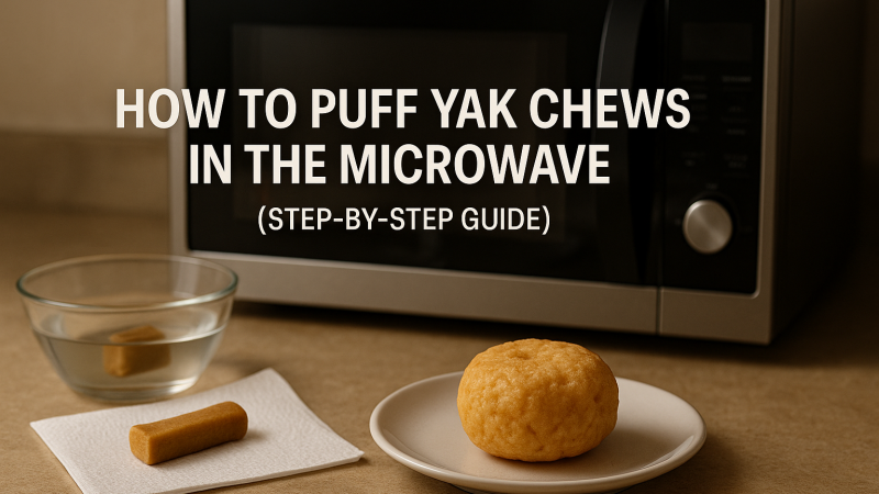 Warm, photorealistic kitchen scene showing three stages of puffing a yak chew: one small yak chew soaking in a glass bowl of water, another drying on a paper towel, and a fully puffed golden cheese chew on a ceramic plate in the foreground. A modern microwave with its door slightly open sits in the background. Text overlay reads “How to Puff Yak Chews in the Microwave (Step-by-Step Guide)” in bold, clean font. Rustic countertop and soft lighting create an inviting, educational look.