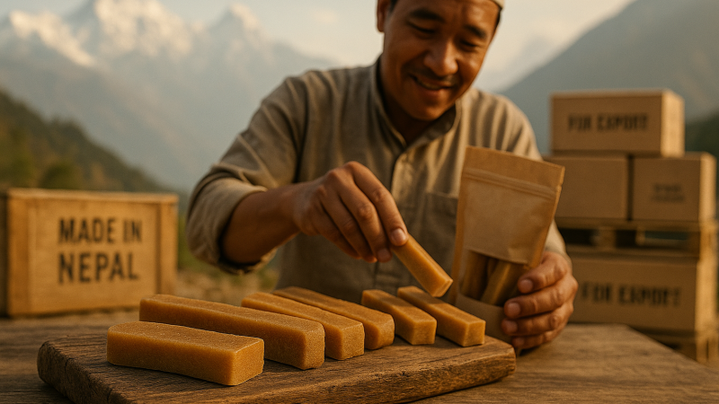 Nepalese artisan packing authentic Himalayan yak chews on a wooden board, with Himalayan mountains and export crates in the background.