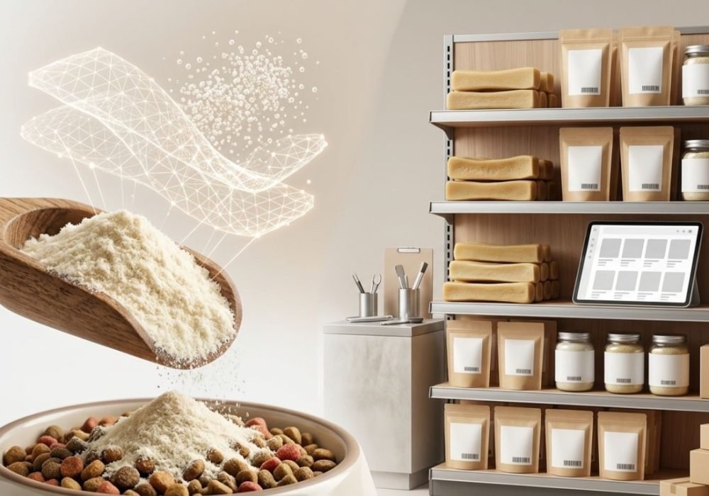 A close-up of a wooden scoop pouring nutritional yak cheese powder onto a bowl of dog kibble.