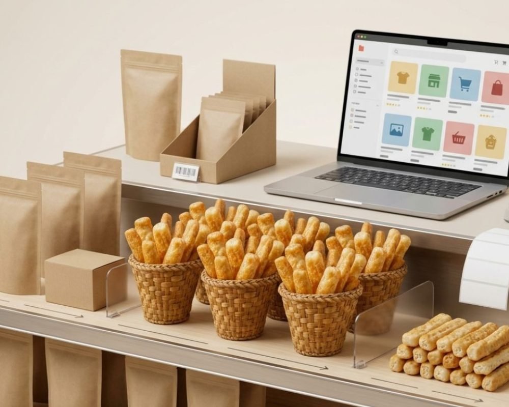 Puffed Yak chew bars in baskets, with packaging, laptop, and barcode scanner on a shelf.