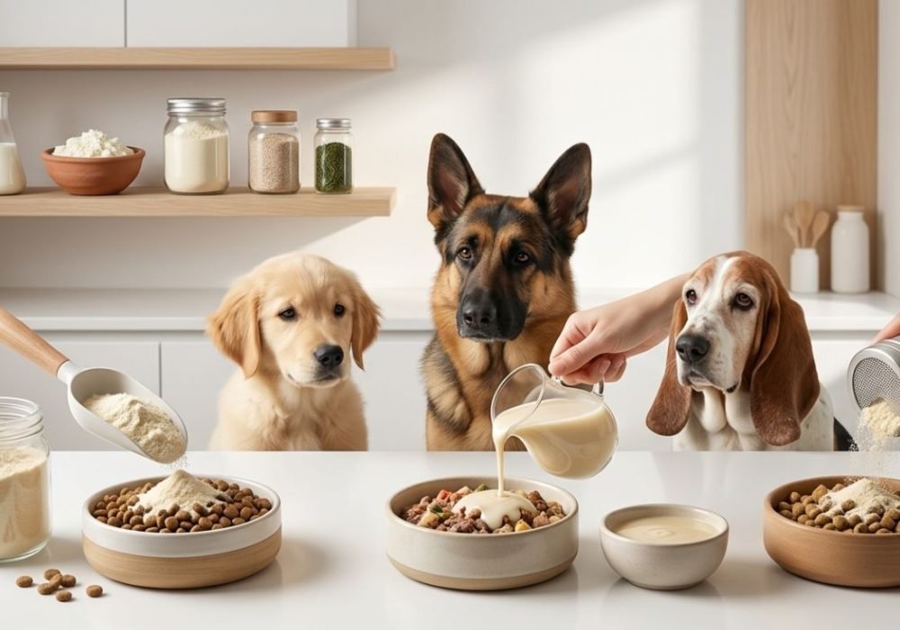 Yak cheese protein powder applied to dog food as a dry topper and liquid gravy.