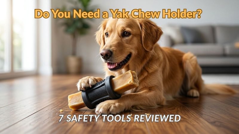 Dog safely chewing a Himalayan yak chew secured inside a natural rubber yak chew holder.