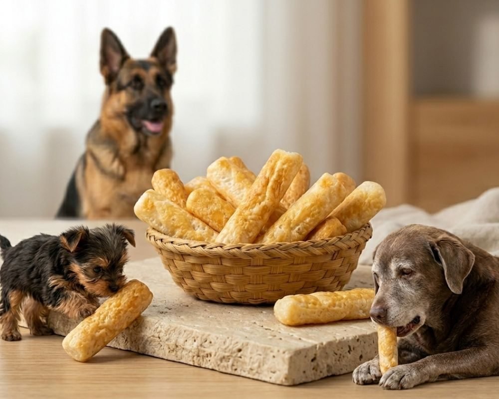 Puppy, adult, and senior dogs with healthy yak chew puff bars in a basket.