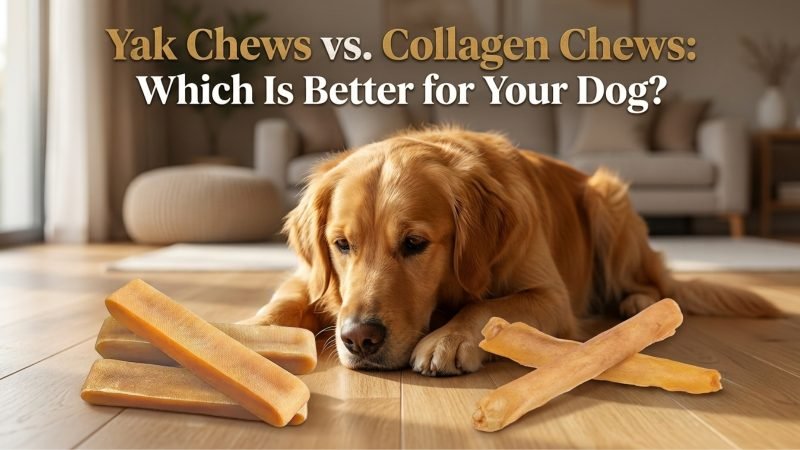 Dog comparing a yak chew and collagen chew to illustrate yak chews vs collagen chews for dogs.